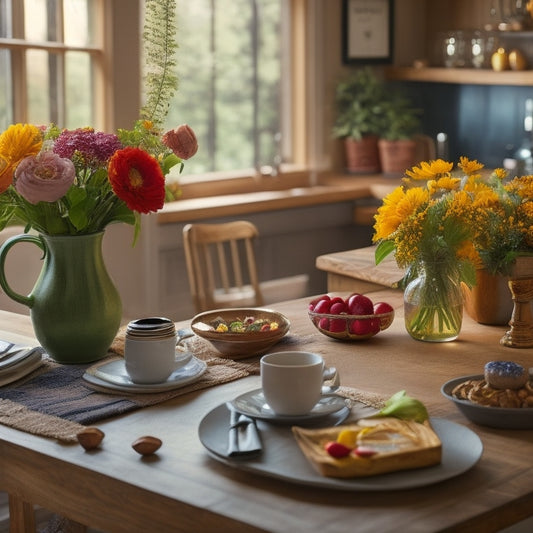 A warm, inviting kitchen scene with a wooden table, a vase with fresh flowers, and a laptop surrounded by colorful meal planning templates, pens, and a steaming cup of coffee.