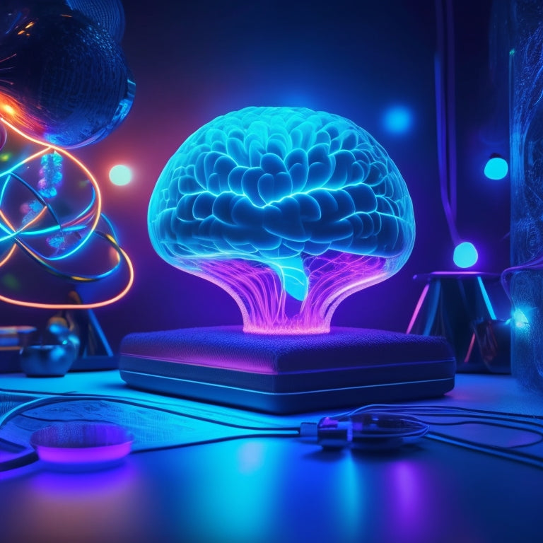 A vibrant, curved mind map with glowing neon lines and colorful nodes, set against a dark blue background with subtle, swirling clouds, surrounded by scattered, glowing lightbulbs and creative tools.