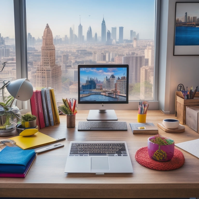 A colorful, modern workspace with a laptop, notebooks, and pens scattered across a wooden desk, surrounded by inspirational quotes on a bulletin board and a cityscape outside the window.