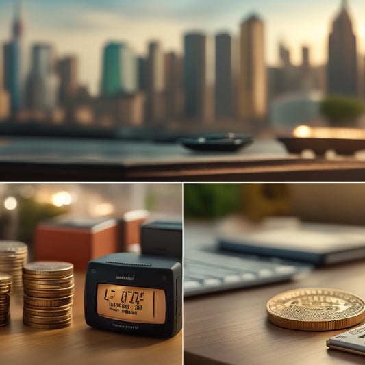 A split-screen image featuring a miniature Amazon logo on a wooden desk, surrounded by scattered coins and calculators, against a blurred cityscape background with diverse people in the distance.
