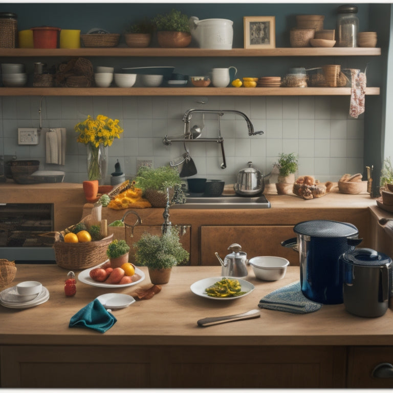 A cluttered kitchen with a tiny island, overflowing cabinets, and utensils scattered on countertops, contrasted with a tidy kitchen in the background, with a tablet open to a kitchen organization app.