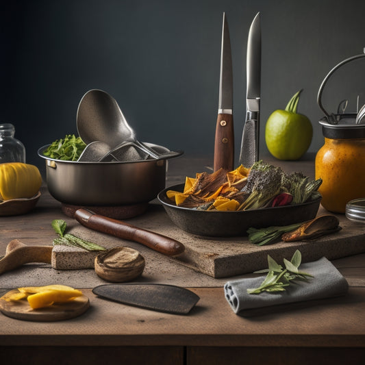 A cluttered kitchen counter with a utensil holder overflowing with dull, rusty knives and scissors, surrounded by vegetable peels and scraps, contrasted with a sharp, sleek sharpener in the corner, awaiting use.