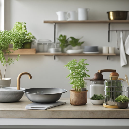 A serene kitchen scene with a few, strategically-placed, sleek utensils on a minimalist countertop, accompanied by a single, thriving potted herb and a few, artfully-arranged cookbooks on a tidy shelf.