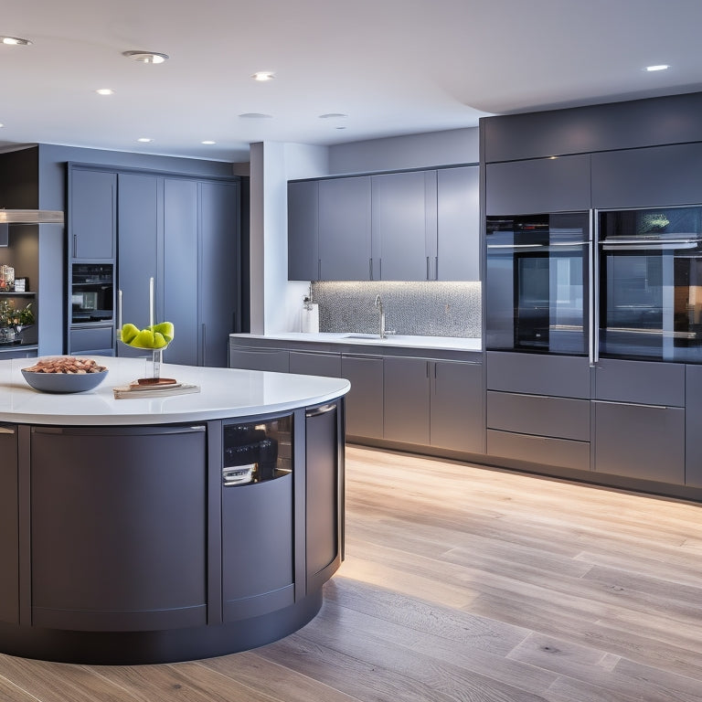 A sleek, modern kitchen with a large, curved island featuring a built-in wine cooler, surrounded by high-gloss, dark gray cabinets and topped with gleaming, white quartz countertops.