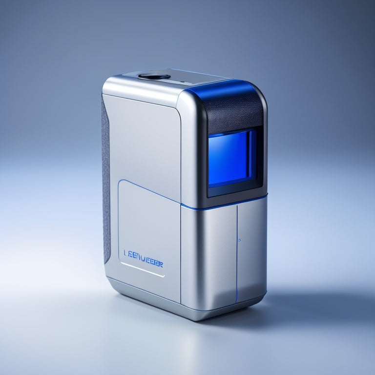 A futuristic, sleek, and silver digital laser measure device with a glowing blue screen and ergonomic grip, placed on a clean, minimalist white background, with subtle shadows and reflections.