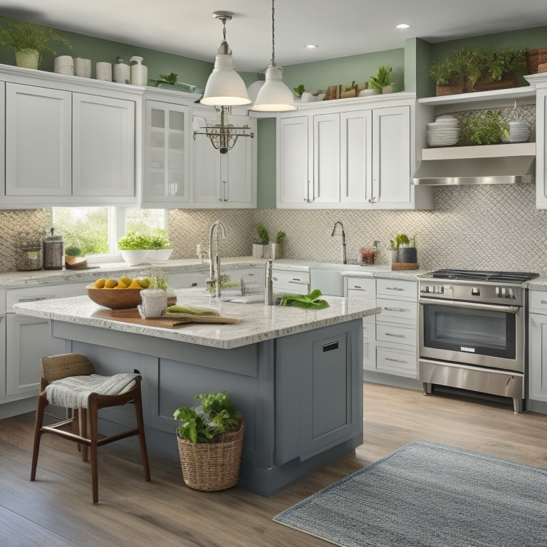 A well-organized kitchen with a large central island, stainless steel appliances, and ample cabinetry, featuring a utensil-filled pegboard, a sink with a built-in soap dispenser, and a few fresh herbs on the counter.