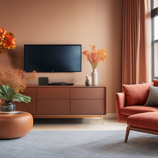 A modern living room with sleek lines, minimalist decor, and a warm color palette, featuring a smart TV, voice-controlled lamp, and a stylish vase with fresh flowers on a low-slung coffee table.