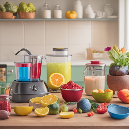 A colorful kitchen countertop with multiple blenders of varying sizes, shapes, and brands, surrounded by scattered fruits, vegetables, and recipe books, with a few blended drinks in the background.