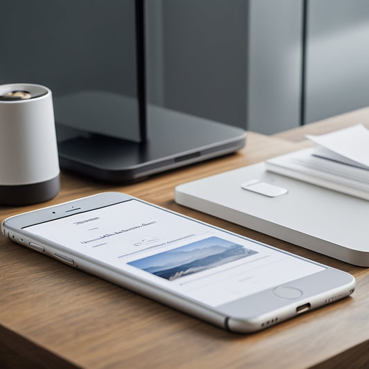 A minimalist, modern iPhone lies on a sleek, wooden desk, with a PDF document wirelessly printing on a AirPrint-compatible printer in the background, surrounded by subtle, digital PDF icons.