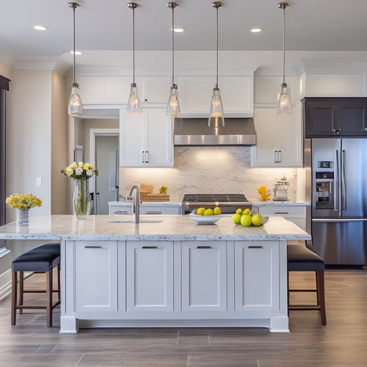 A bright, modern kitchen with sleek, white cabinets, dark granite countertops, and a large island with pendant lights, surrounded by a blurred background of a luxurious Folsom home.