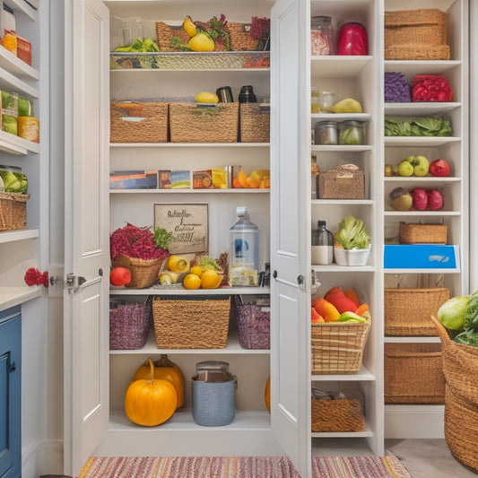 A tidy pantry with labeled baskets, a utensil organizer, and a whiteboard on the door, surrounded by fresh fruits and vegetables, with a few cookbooks and a meal planning calendar on a nearby shelf.