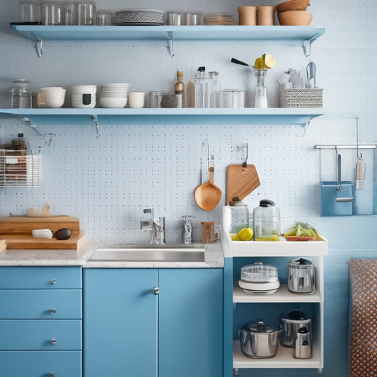 A clutter-free small kitchen with a pegboard on the wall, a utensil organizer on the counter, a tiered shelf above the sink, and a compact refrigerator with a pull-out drawer.