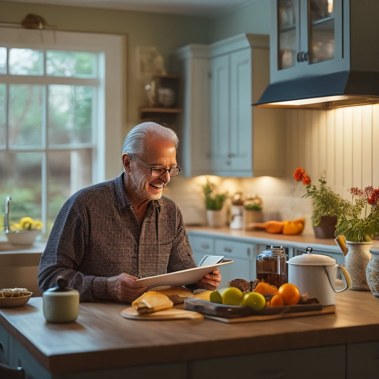 A serene kitchen with warm lighting, featuring a tidy island, a few neatly arranged cookbooks, and a senior adult in the background, smiling while using a tablet to access an online course.