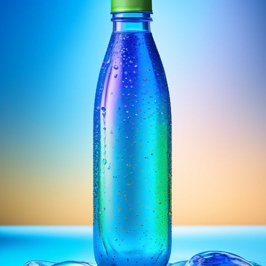 A vibrant, animated hydrate water bottle with swirling blue and green hues, surrounded by colorful, stylized water droplets and subtle, shimmering lights on a white background.