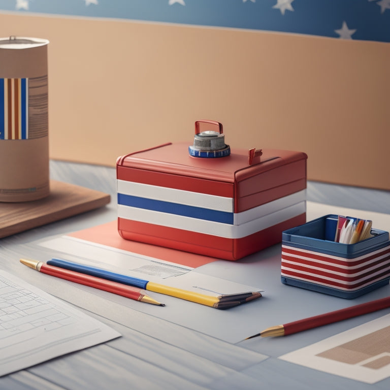 A stylized, minimalist illustration featuring a nonprofit organization's building or logo in the background, with a subtle American flag pattern, surrounded by scattered papers, pencils, and a miniature briefcase.