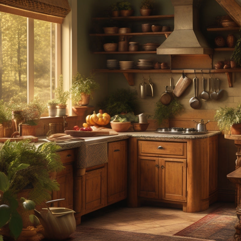 A warm, golden-lit kitchen with a wooden island, surrounded by lush greenery, vintage cookbooks, and a few strategically placed utensils, evoking a sense of nostalgia and comfort.