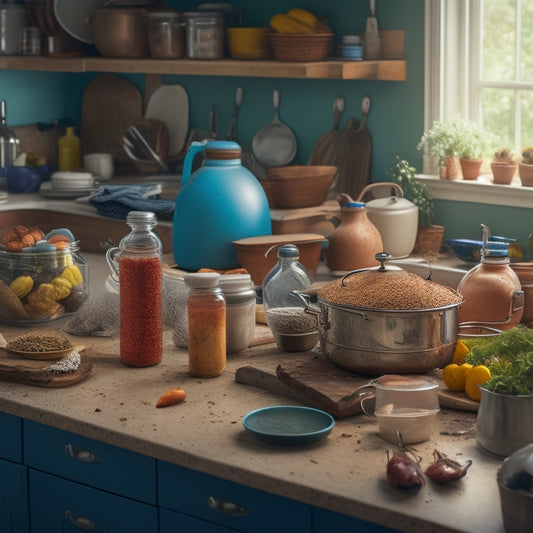 A cluttered kitchen countertop with scattered utensils, crumb-covered appliances, and dusty jars, amidst which a few hidden pests like cockroaches and ants scurry, amidst the chaos.