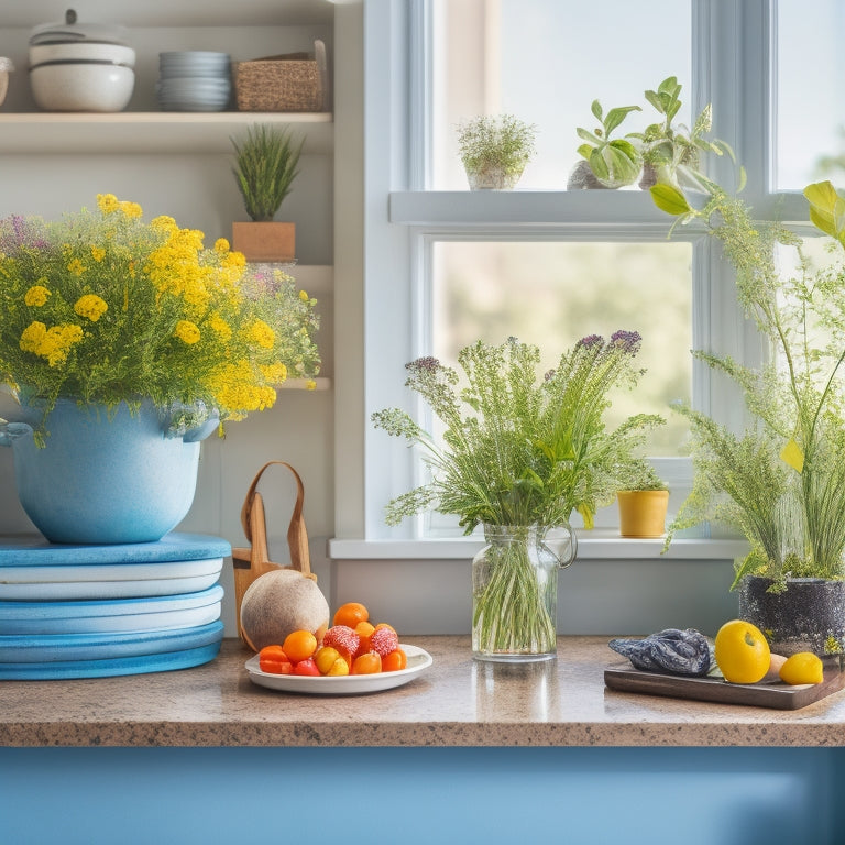 A bright, modern kitchen with a few, carefully placed decorative items: a small potted herb on a windowsill, a vase with fresh flowers on a counter, and a few cookbooks stacked on a shelf.