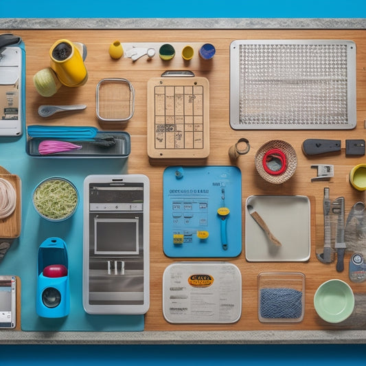 A cluttered kitchen countertop with a jumbled mess of utensils, cords, and gadgets, contrasted with a tidy, organized drawer featuring a pegboard, dividers, and a tablet with a digital inventory app open.