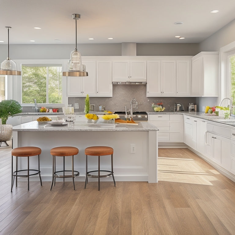 A modern kitchen with sleek, white cabinets, stainless steel appliances, and a large island in the center, surrounded by a circular breakfast nook with four stools.