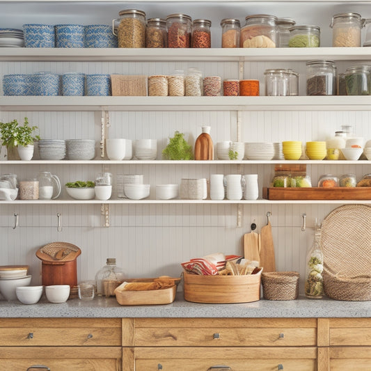 A bright, airy kitchen with a few opened cabinets, revealing a row of uniform, labeled spice jars on a wooden Lazy Susan, surrounded by a few scattered cookbooks and utensils.