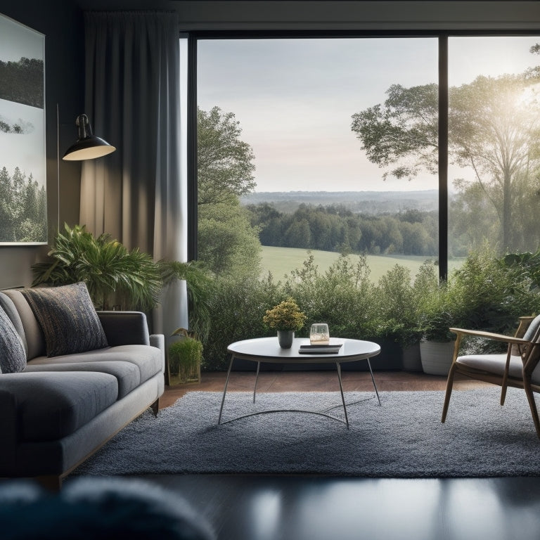 A modern, well-lit, and staged living room with a "sold" sign on the lawn outside the window, surrounded by lush greenery, with a faint cityscape in the background.