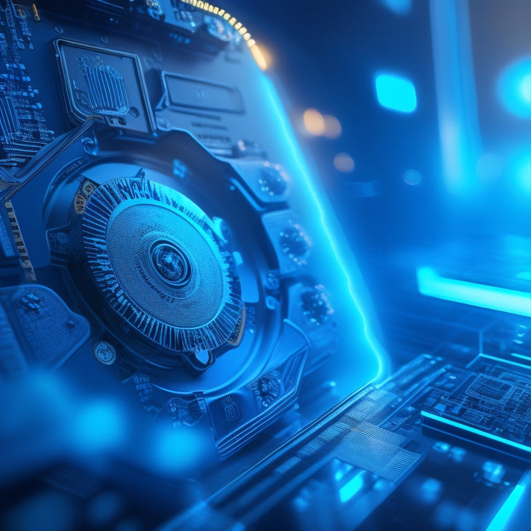 A futuristic, high-contrast illustration of interlocking gears, microchips, and binary code patterns, surrounded by glowing blue circuits and subtle hints of 3D modeling software interfaces.