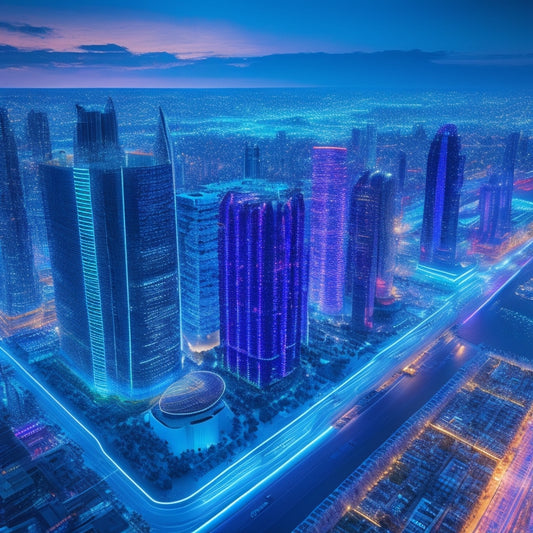 A futuristic cityscape at dusk with sleek skyscrapers, neon lights, and a giant holographic 3D map of a luxury property hovering above the streets, surrounded by orbiting data points and analytics graphs.