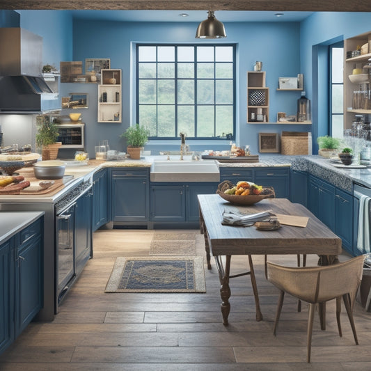 A modern kitchen with a large island in the center, surrounded by laptops and tablets displaying various design software and websites, with measuring tapes, cookbooks, and design magazines scattered around.