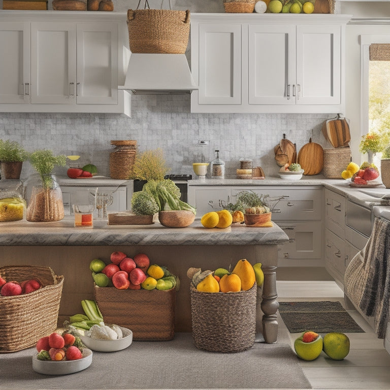 A tidy kitchen countertop with a few open cabinets, a few baskets, and a mix of fresh fruits and vegetables, alongside a few organized stacks of colorful recipe cards and a few rolled-up kitchen towels.