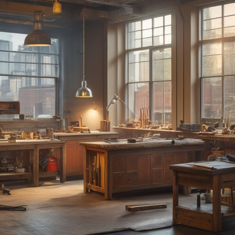 A modern, well-lit workshop with a wooden workbench in the center, surrounded by various tools and half-finished furniture pieces, with a cityscape visible through the large windows.