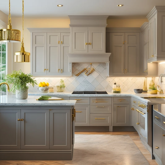 A bright, modern kitchen with refaced cabinets in a soft gray tone, adorned with ornate gold hardware, and topped with a contrasting white quartz countertop and a stylish pendant light fixture.