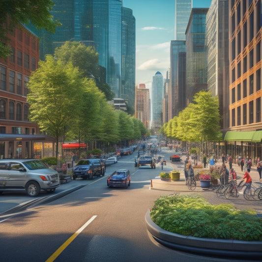 An illustration of a bustling Seattle street with a mix of modern skyscrapers and historic buildings, featuring recycling bins, green roofs, and eco-friendly storefronts with lush plants and bicycle racks.
