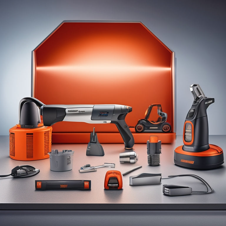 A futuristic, metallic background with sleek, curved lines, featuring the FEIN 72296761090 MultiMaster tool prominently centered, surrounded by various attachments and accessories, with subtle LED lights glowing.