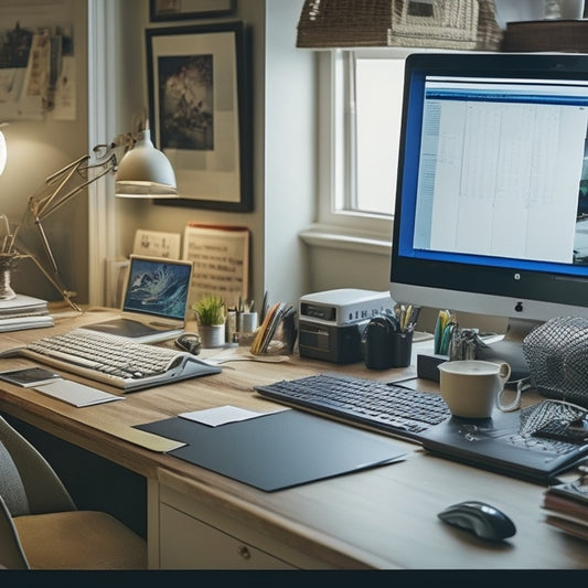 A split-screen image featuring a calm, organized workspace with a laptop and papers on one side, and a chaotic, cluttered desk with broken computers and tangled cords on the other.