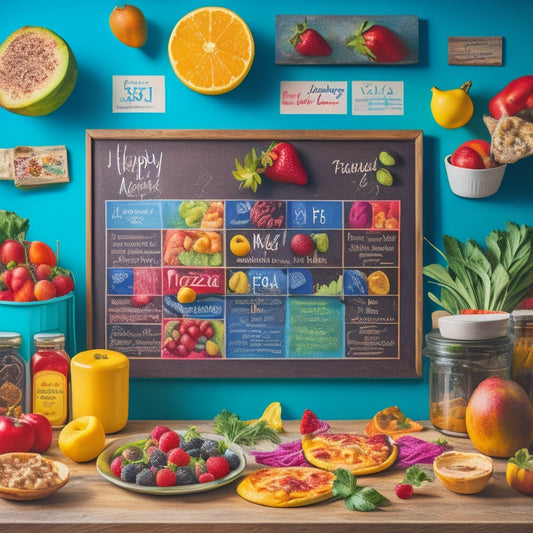 A colorful illustration of a happy, messy kitchen with a chalkboard calendar on the wall, featuring a mix of healthy fruits and veggies, and kid-friendly meals like pizza and mac 'n cheese.