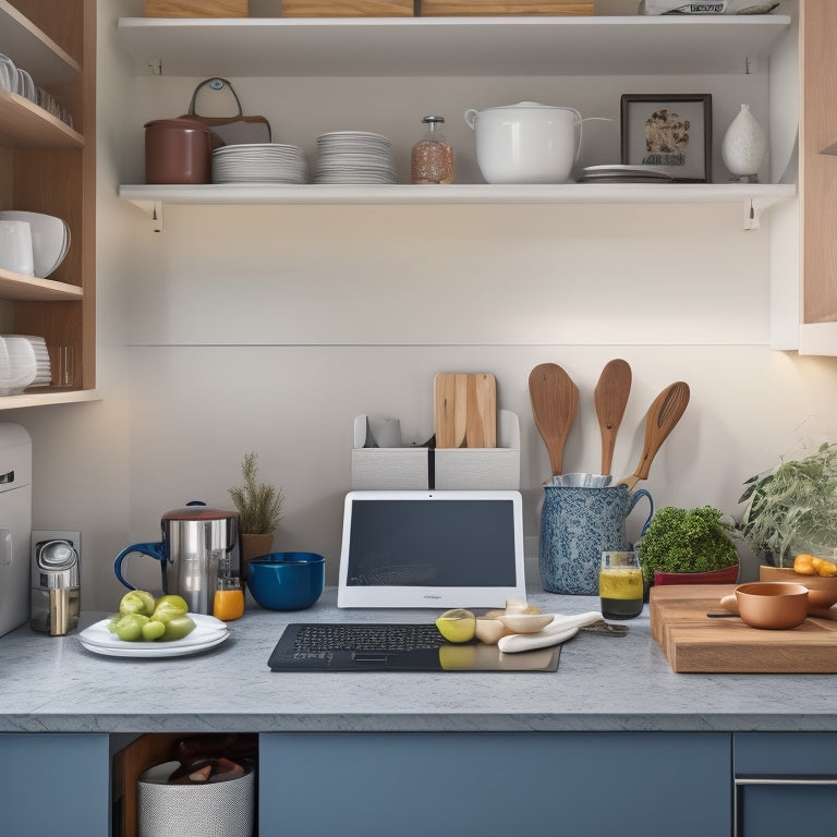 A modern kitchen countertop with a sleek MacBook and a few kitchen utensils scattered around it, surrounded by open cabinets and drawers with organized storage containers and cookbooks in the background.