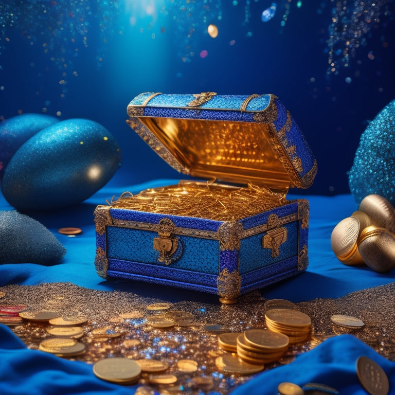 A vibrant, golden treasure chest overflowing with glittering coins, shimmering confetti, and colorful discount tags, set against a deep blue background with subtle, swirling patterns of waves.