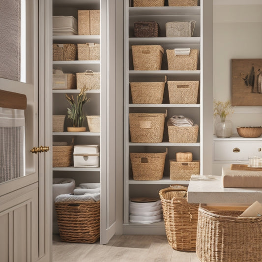 A tidy cabinet interior with adjustable shelves, baskets, and bins in various sizes, arranged in a harmonious and functional way, with a few decorative knobs and a soft, warm light.