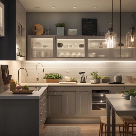 A tidy, modern kitchen with sleek cabinets, illuminated by soft, warm lighting, featuring a tablet and smartphone displaying digital cabinet organizers, surrounded by neatly arranged kitchen utensils and cookbooks.
