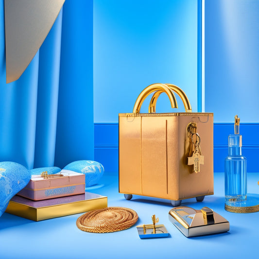 A golden key unlocking a treasure chest filled with shopping bags, price tags, and product catalogs, surrounded by subtle, gradient blue and white background, symbolizing exclusive access.
