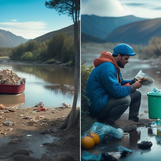 A split-screen image featuring a person surrounded by overflowing trash and pollution on one side, and a pristine natural environment with a person enjoying a healthy snack on the other.