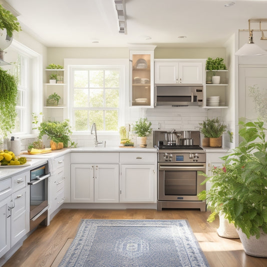 A bright, airy kitchen with white cabinets, stainless steel appliances, and a large island in the center, surrounded by a few, carefully selected cookbooks and a small potted herb plant.