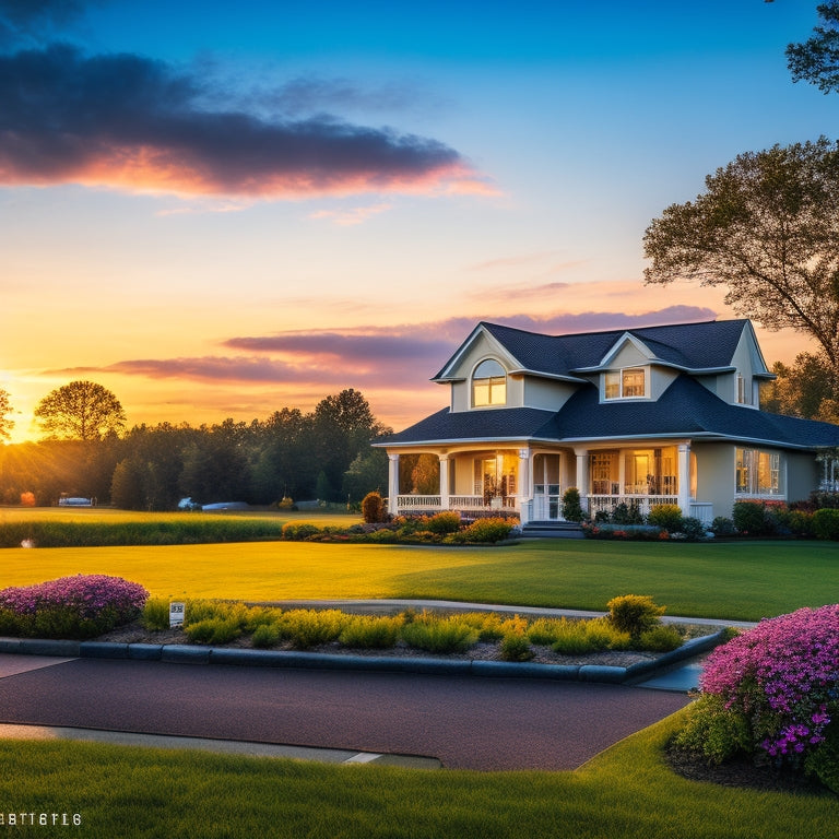 A serene suburban landscape at sunset with a "sold" sign in front of a beautifully landscaped home, surrounded by lush greenery and a few fluffy white clouds, with a subtle cityscape in the distance.