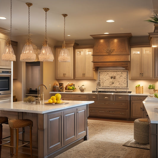 A warmly lit, modern kitchen featuring rich, dark wood traditional style cabinets with ornate hardware, surrounded by creamy white countertops, soft beige walls, and a large, sparkling chandelier.