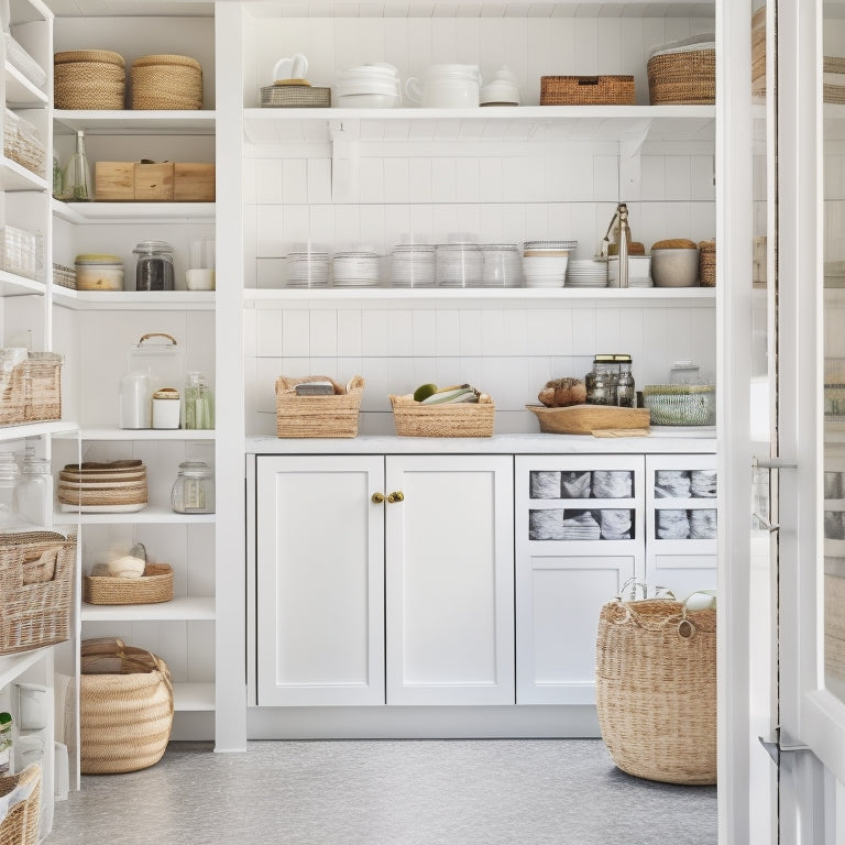 A bright and airy kitchen pantry with white walls, wooden shelves, and a mix of woven baskets, metal crates, and glass jars storing food and kitchen essentials in a cozy, organized space.