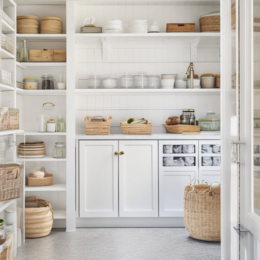 A bright and airy kitchen pantry with white walls, wooden shelves, and a mix of woven baskets, metal crates, and glass jars storing food and kitchen essentials in a cozy, organized space.