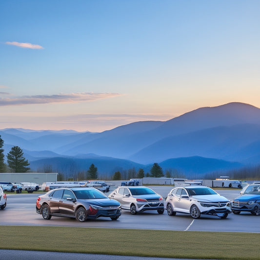 A serene landscape of the Blue Ridge Mountains in the background, with a modern Valley Honda dealership in the foreground, featuring a variety of shiny new vehicles on display.