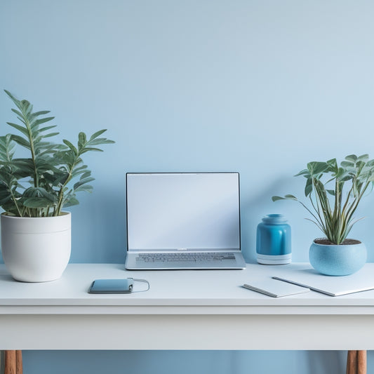 A serene, minimalist workspace with a wooden desk, a few neatly arranged files, a small potted plant, and a sleek, silver laptop, set against a soft, pastel blue background.