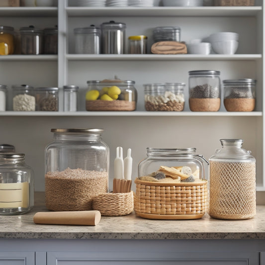 A tidy, well-lit kitchen counter with a wooden utensil organizer, a three-tiered wire basket, and a few neatly labeled glass jars containing baking supplies, with a roll of stickers and a label maker nearby.